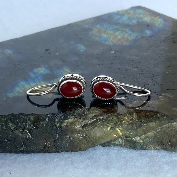 Sterling Silver 925 Oval Bezel Set Garnet Cabochon Dangle Drop Earrings - Picture 13 of 16